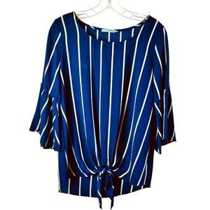 P.S. Kate Wm's Navy and White Nautical Stripe Top Bell Sleeve Tie Front Size S